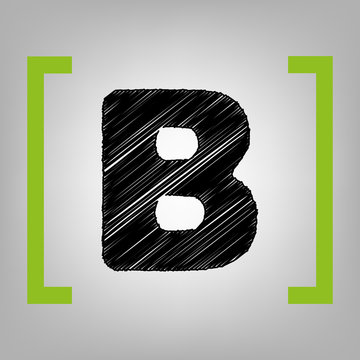 Letter B sign design template element. Vector. Black scribble icon in citron brackets on grayish background.