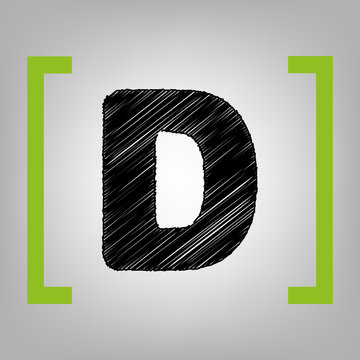 Letter D sign design template element. Vector. Black scribble icon in citron brackets on grayish background.