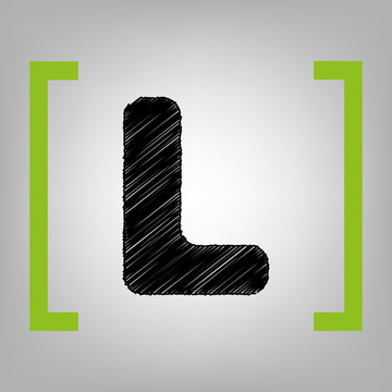 Letter L sign design template element. Vector. Black scribble icon in citron brackets on grayish background.