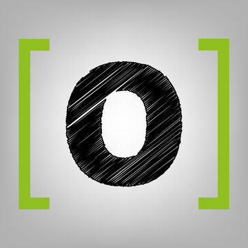 Letter O sign design template element. Vector. Black scribble icon in citron brackets on grayish background.