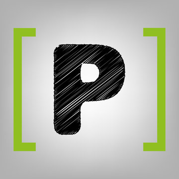 Letter P sign design template element. Vector. Black scribble icon in citron brackets on grayish background.