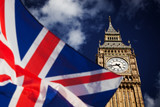 Fototapeta Londyn - brexit concept - Union Jack flag and iconic Big Ben in the background - UK leavs the EU