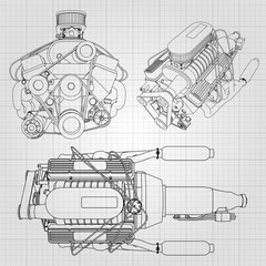 Poster - A set of several types of powerful car engine. The engine is drawn with black lines on a white sheet in a cage