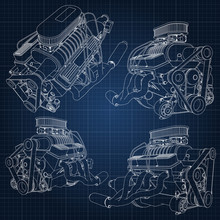 A Set Of Several Types Of Powerful Car Engine. The Engine Is Drawn With White Lines On A Dark Blue Sheet In A Cage