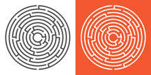 Round Maze Isolated On White And Orange Backgrounds. Circle Labyrinth. Vector Illustration