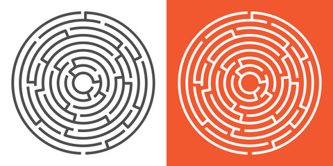Round maze isolated on white and orange backgrounds. Circle labyrinth. Vector illustration