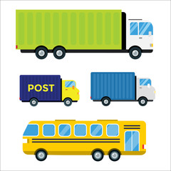 Delivery transport cargo truck vector illustration trucking car trailer delivery business freight vehicle van logistic set mail post export bus