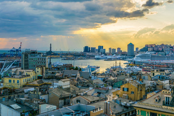 aerial view of the port of genoa in italy during sunset