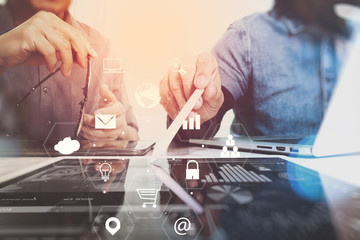Poster - co working team meeting concept,businessman using smart phone and laptop and digital tablet computer in modern office with virtual interface icons network diagram