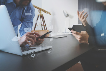Poster - co working team meeting concept,businessman using smart phone and digital tablet and laptop computer in modern office with virtual graph chart diagram