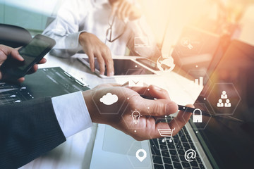 Poster - co working team meeting concept,businessman using smart phone and laptop and digital tablet computer in modern office with virtual interface icons network diagram
