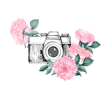 Vintage Retro Photo Camera In Flowers, Leaves, Branches On White Background. Hand Drawn Vector