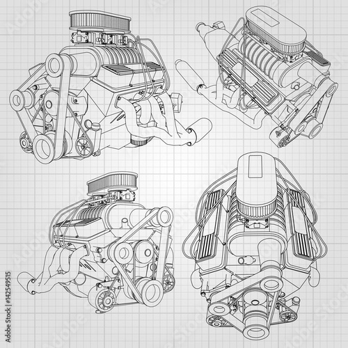 A set of several types of powerful car engine. The engine is drawn with