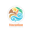 Summer travel vacation vector logo concept illustration in circle shape. Paradise beach color graphic sign. Sea resort, sun, mountains, palm tree and waves.