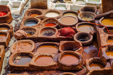 Leathers are being washed or dried in the leather district in Fez, Morocco