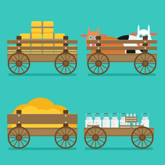  Flat illustration of wooden cart vector set