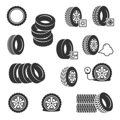 Poster - tire shop, tyres change auto service vector icons set