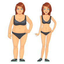Unhappy Fat And Happy Slim Woman, Before And After Diet And Weight Loss Vector Illustration