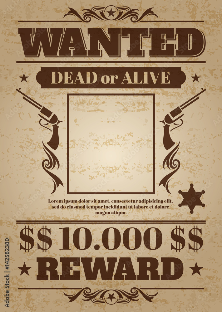 Vintage wanted western poster with blank space for criminal photo. Vector mockup - obrazy, fototapety, plakaty 