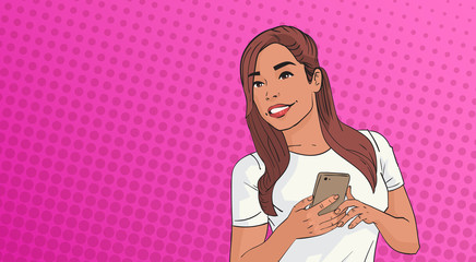Poster - young woman using cell smart phone chatting online over pop art colorful retro style background vect
