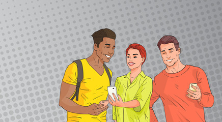Poster - mix race people group using cell smart phone chatting online over pop art colorful retro style backg