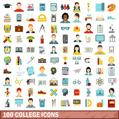 Poster - 100 college icons set, flat style