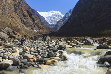 Wall Mural - ANNAPURNA, NEPAL -  APRIL 13, 2016 : Tourists and river in Himalaya mountain valley, trekking trail to Annapurna basecamp, Nepal