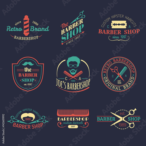Leinwand Poster Vector set of vintage hipster barbershop logos