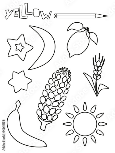 Coloring page, yellow things set. Single color worksheets sun, star