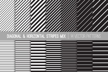 Black And White Diagonal And Horizontal Stripes Vector Patterns. Modern Striped Backgrounds. Set Of Pin Stripes And Candy Stripes. Variable Thickness Lines. Pattern Tile Swatches Included.
