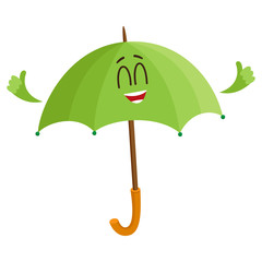 Wall Mural - Cute and funny open green umbrella character with smiling human face giving thumb up, cartoon vector illustration isolated on white background. Open umbrella, parasol character, mascot, design element