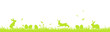 Easter banner with green easter eggs, hares, flowers, butterflies and grass  on white  background