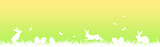 Easter banner with white easter eggs, hares, butterflies and grass  on green and yellow gradient background