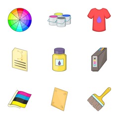 Poster - printing office icons set, cartoon style