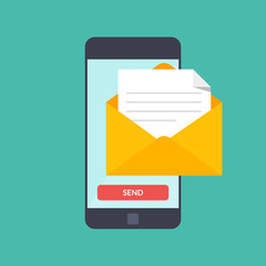 Poster - Message send on mobile phone. Email marketing. Vector illustration in flat style isolated on color background.