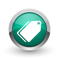 Aufkleber - Label ticket silver metallic chrome web design green round internet icon with shadow on white background.