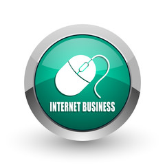 Aufkleber - Internet business silver metallic chrome web design green round internet icon with shadow on white background.