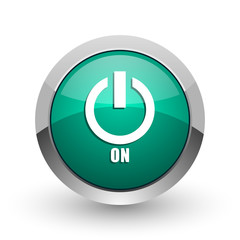 Fototapete - Power on silver metallic chrome web design green round internet icon with shadow on white background.