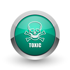 Fototapete - Toxic skull silver metallic chrome web design green round internet icon with shadow on white background.