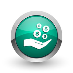 Poster - Save money silver metallic chrome web design green round internet icon with shadow on white background.