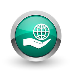 Poster - Hand protect the earth silver metallic chrome web design green round internet icon with shadow on white background.