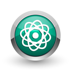 Fototapete - Atom silver metallic chrome web design green round internet icon with shadow on white background.