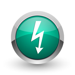Poster - Bolt silver metallic chrome web design green round internet icon with shadow on white background.