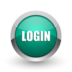 Leinwandbilder - Login silver metallic chrome web design green round internet icon with shadow on white background.