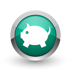 Poster - Piggy bank silver metallic chrome web design green round internet icon with shadow on white background.