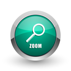 Poster - Zoom silver metallic chrome web design green round internet icon with shadow on white background.