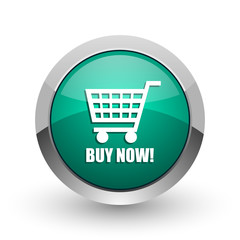 Poster - Buy now silver metallic chrome web design green round internet icon with shadow on white background.
