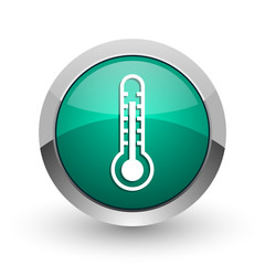 Poster - Thermometer silver metallic chrome web design green round internet icon with shadow on white background.