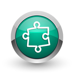 Poster - Puzzle silver metallic chrome web design green round internet icon with shadow on white background.