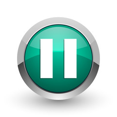 Aufkleber - Pause silver metallic chrome web design green round internet icon with shadow on white background.